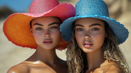 vibrant summer portrait of two women in colorful sun hats on a sunny beach day
