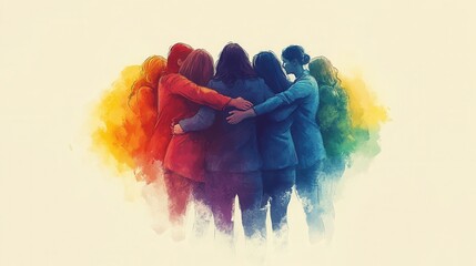 Unity and diversity: a group of diverse women embracing in a colorful watercolor design