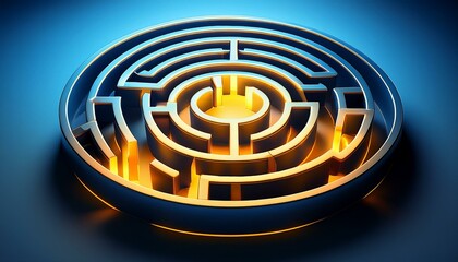 A labyrinth maze with a glowing yellow path on a blue background suggesting a concept of problem solving. 3D Rendering