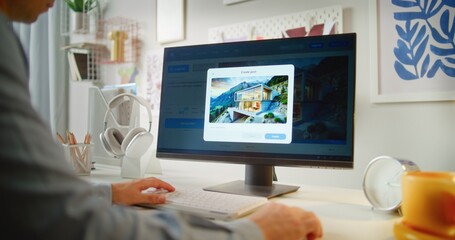 Fototapete - Young man types prompt in AI image generator on PC. Artificial intelligence app generates detailed photo of modern minimalist house. From text prompt to realistic generated image. Automated artwork.