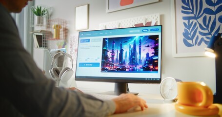 Fototapete - Young man types prompt in AI image generator on computer. PC screen shows artificial intelligence generating detailed photo of cyberpunk city. From text prompt to generated image. Automated artwork.