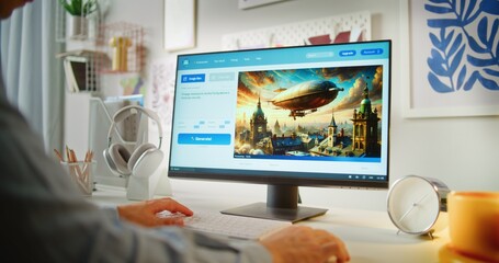 Fototapete - Young man types text prompt in artificial intelligence app on computer. AI image generator creates detailed photo of steampunk airship. Advanced AI generated image creation. Futuristic generative art.