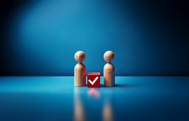 Aufkleber - Two wooden figures stand in front of a red block with a white check mark, against a blue background.