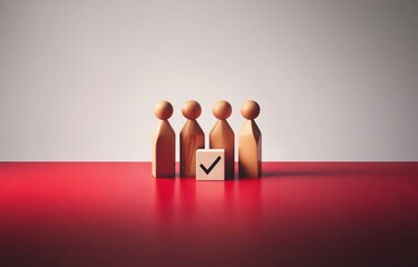 Aufkleber - Four wooden figures stand in a row on a red surface with a checkmark on a wooden square in front.
