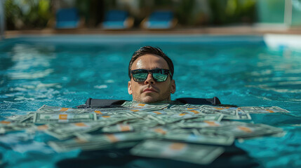 businessman swimming with money. wealth and success concept. To be rolling in money