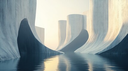 Poster - Futuristic 3D abstract landscape with dramatic cliffs and serene water, featuring a zen-inspired minimal background bathed in sunrise light