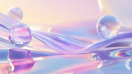 Poster - Futuristic 3D render featuring a glass ribbon on water with geometric shapes such as circles and spheres.