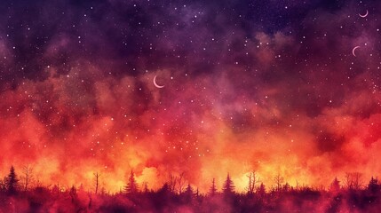 A glowing watercolor gradient of fiery reds and deep purples, fading into a starry night sky, with soft outlines of spooky trees and crescent moons in the distance.