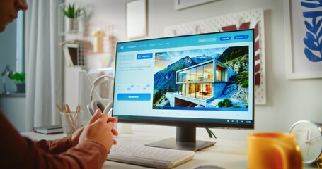 Fototapete - Young man enters prompt in artificial intelligence chatbot app on PC. Advanced AI video generator generates detailed high-quality video of modern house. From text prompt to realistic generated video.