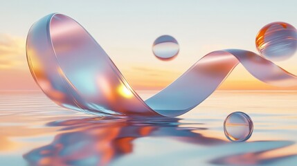 Fototapete - Futuristic 3D render of a glass ribbon on water with floating geometric circles and spheres.