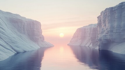 Poster - Futuristic 3D render of a tranquil landscape with cliffs and water, set in a minimal abstract environment with serene sunset or sunrise light