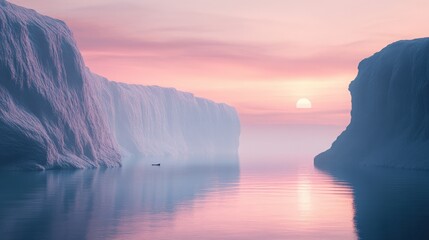 Poster - Futuristic 3D render of a tranquil landscape with cliffs and water, set in a minimal abstract environment with serene sunset or sunrise light