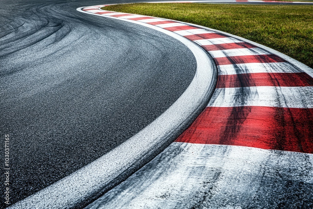 Asphalt race track with tire marks. A close-up shot of the red and ...