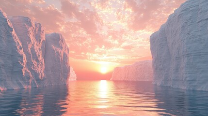 Poster - Futuristic 3D render of a zen-inspired landscape with cliffs and water, set against a sleek modern abstract background with sunrise or sunset illumination