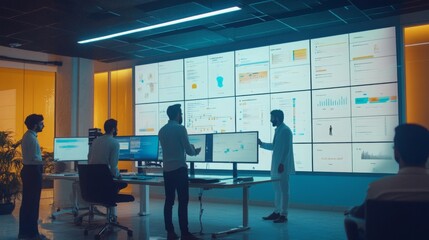 Leinwandbilder - Five men are in an office with a large screen showing data visualizations. They are all wearing business casual attire and are looking at the screen