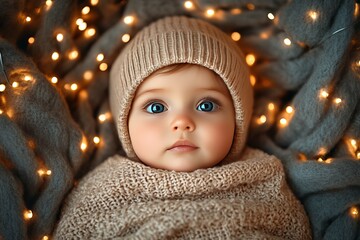 Sticker - Baby boy wearing a knitted beanie surrounded by soft fairy lights evoking a sense of warmth coziness and early discovery in a calm softly lit indoor environment