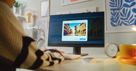 Fototapete - Close up of girl typing text prompt in AI image generator on computer. PC screen shows AI generated detailed photo of girl on bicycle. From text prompt to realistic image. Futuristic generative art.