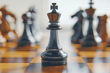 Black chess king piece standing on board with other pieces blurred in background, business concept of competition and success..