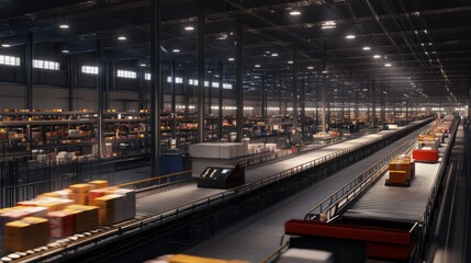 Aufkleber - A busy warehouse shows a conveyor system efficiently moving packages along its length. The well-organized space is filled with boxes, indicating high shipping activity during daytime operations.