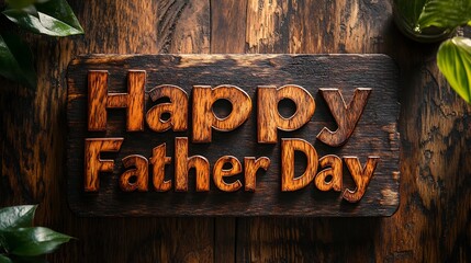 Poster - Fathers Day card featuring Happy Father Day large wood type letters set against a natural wood grain surface with shadows creating a dimensional handcrafted aesthetic