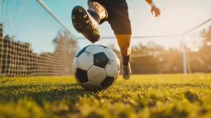 Wall Mural - A soccer player kicks the ball during a game.