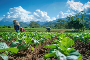 Close up of two people working in the field, with lush green leaves and plants growing in rows of soil and mountains far away in the distance. A blue sky with sunlight shining