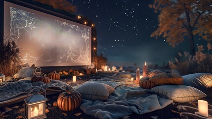 Wall Mural - a cozy outdoor setup for a spooky halloween film, with blankets, fluffy pillows, and pumpkins scatte