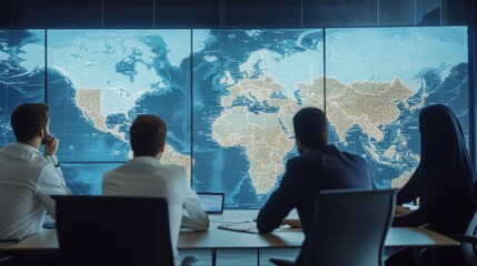 Leinwandbilder - A group of professionals observes a large digital map displaying global data in a high-tech conference room. They engage in discussion, focusing on strategic planning and analysis of information.