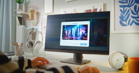 Fototapete - Girl enters text prompt in artificial intelligence software on computer. AI image generator creates detailed photo of cyberpunk city. Advanced AI generated image creation. Futuristic generative art.