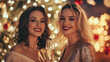 © Enigma - Two friends are smiling and having fun at a party with christmas lights in the background. They are both holding glasses of champagne