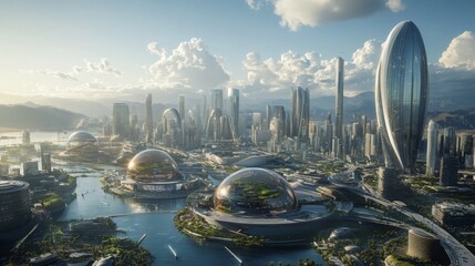 Aufkleber - A sprawling futuristic city showcases sleek skyscrapers and domed buildings reflecting sunlight