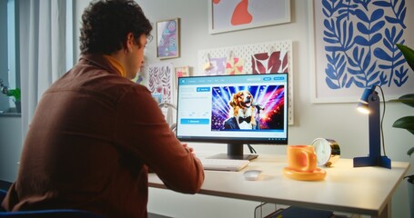 Fototapete - Young man types prompt in AI video generator on personal computer. Artificial intelligence chatbot generates detailed high-quality video of funny dog. From text prompt to realistic generated video.