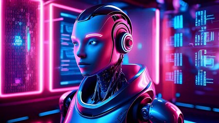 Closeup portrait of a futuristic female cyborg with glowing lights and binary code in the background.
