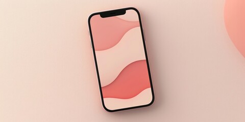 Poster - Smartphone is lying on a pastel pink surface and displaying an abstract background with wavy shapes. The image is perfect for concepts related to technology, design, and modern aesthetics