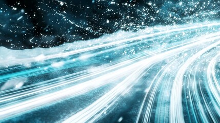 Poster - Snow-covered highway at night with mesmerizing light trails from fast-moving traffic, creating a blurred motion effect in a futuristic snowy landscape perfect for the holiday season