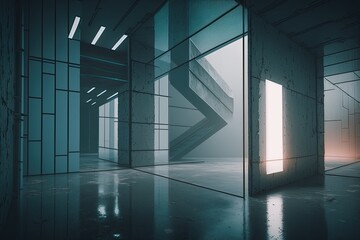 Abstract futuristic glass interior architecture with empty concrete floor.