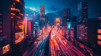 Aufkleber - The view captures a lively urban highway filled with colorful lights and moving traffic, showcasing the energy of the city at night. Skyscrapers loom in the background under a twilight sky.