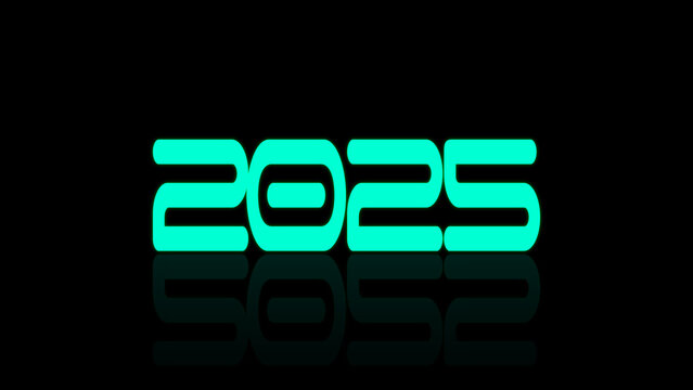 Light blue text numbers 2025 on a black background with transition and reflection text 2025. Happy New Year 2025! Holiday card.