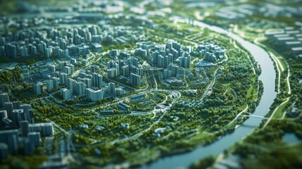 Aufkleber - An expansive view showcases a vibrant urban area nestled beside a winding river