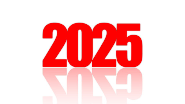 Red text numbers 2025 on a white background with transition and reflection text 2025. Happy New Year 2025! Holiday card.