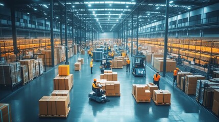 Fototapete - A spacious warehouse with high ceilings is filled with boxes and workers operating forklifts. They move the boxes from pallets to shelves, keeping the warehouse organized.