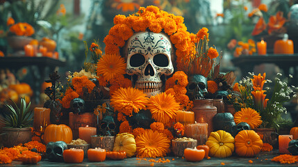 A colorful Day of the Dead skull adorned with intricate patterns and vibrant flowers, symbolizing remembrance and celebration.