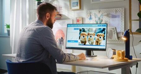 Fototapete - Adult man types prompt in AI video generator on PC. Online artificial intelligence software generates detailed video of three puppies. From text prompt to realistic generated video. Automated artwork.
