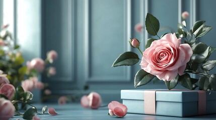 Poster - Happy Mother's Day scene 3D rendered envelope gift box and blooming rose flower designed with copy space for text on a soft decorative background