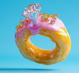 A golden ring with a large diamond made of sparkling glazed donut with crystal decorations. Surreal and luxurious food concept with a playful twist.