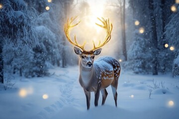 Wall Mural - Large deer with golden antlers stands in a snow covered forest