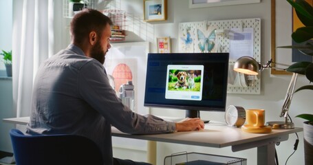 Fototapete - Back view of adult man typing text prompt in artificial intelligence chatbot on PC. AI image generator creates detailed photo of cute dog and cat. Online text to image app. Futuristic generative art.