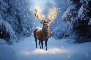 Wall Mural - Large deer with golden antlers stands in a snow covered forest