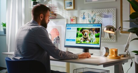 Fototapete - Back view of adult man typing text prompt in artificial intelligence chatbot on PC. AI image generator creates detailed photo of cute dog and cat. Online text to image app. Futuristic generative art.