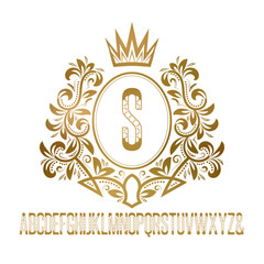 Poster - Golden ornate monogram and set of decorative capital letters. Gold S letter framed by royal wreath.